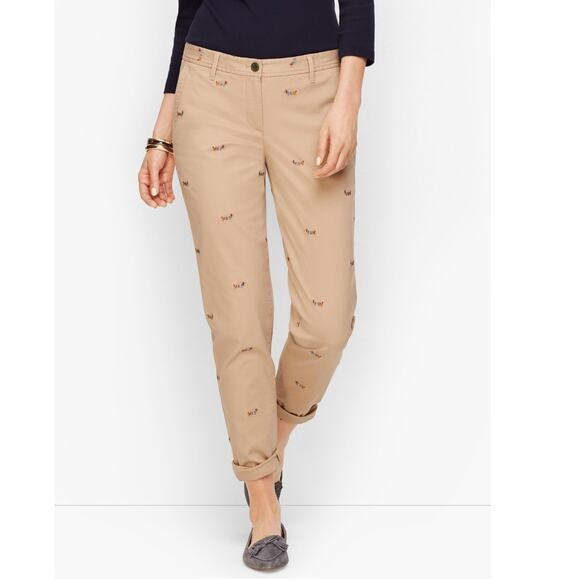 Talbots Beige Chino Pants Dachshund Embroidered Size 14 Cotton Blend Preppy - Picture 1 of 12